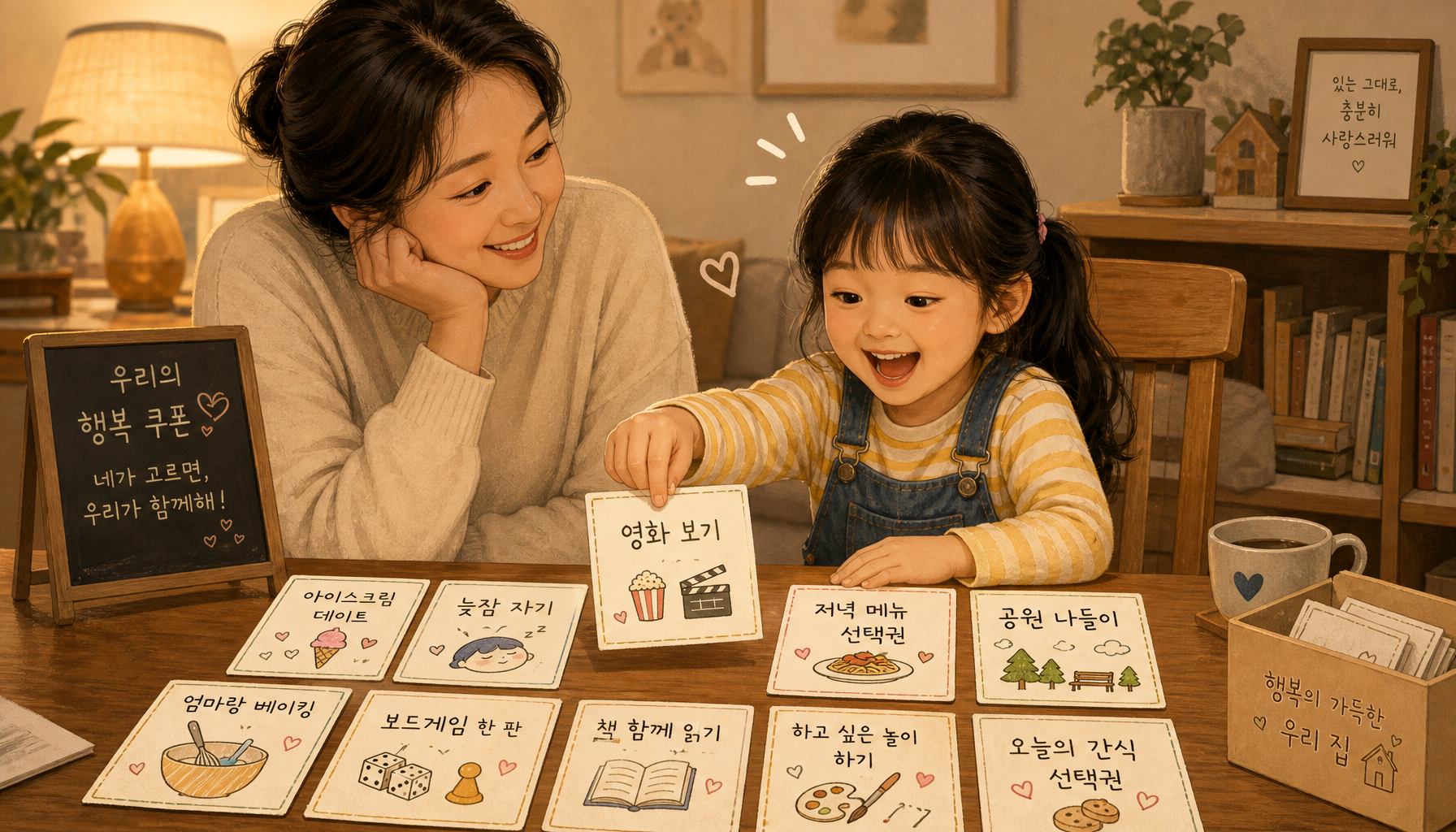 보상 카드를 직접 고르는 아이와 부모