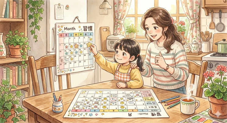습관 달력을 함께 보며 응원하는 엄마와 아이
