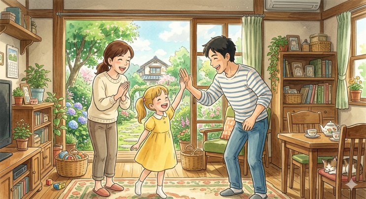 성취를 축하하는 부모와 아이